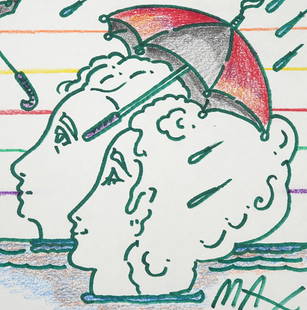 Peter Max Ink on Paper Drawing: Peter Max ink on paper drawing of couple with umbrellas, signed lower right, dated 1995. Unframed. Measures 6.75"H x 9"W. Condition report: Good condition, please examine all photos closely. Contact C