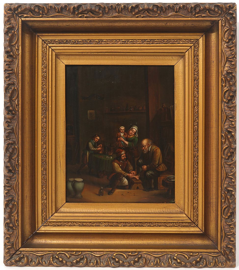 19th C. Dutch Oil on Metal Genre Scene Painting: 19th Century Dutch oil on metal panel genre scene painting in gilt wood frame, unsigned. Measurements: Plate 10"H x 8.75"W, Frame 17.5"H x 15"W. Condition report: Good condition, please examine all ph