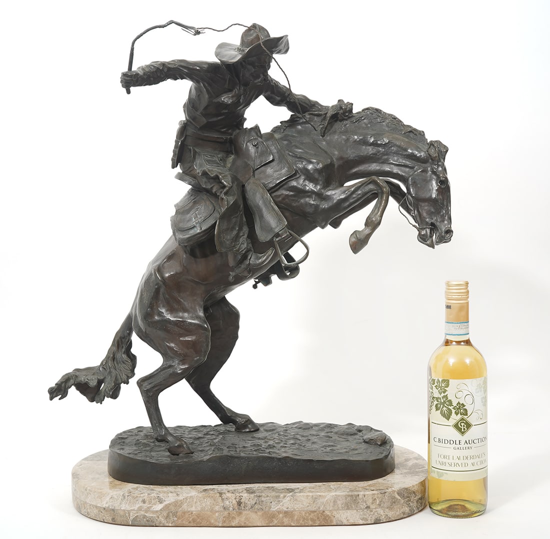 After Remington "Bronco Buster" Bronze on Marble: After Frederic Remington (American, 1861-1909) "Bronco Buster" mounted on marble. Measures 18"L x 10"W x 24"H. Condition report: Good condition, common patina for age, please examine all photos closel