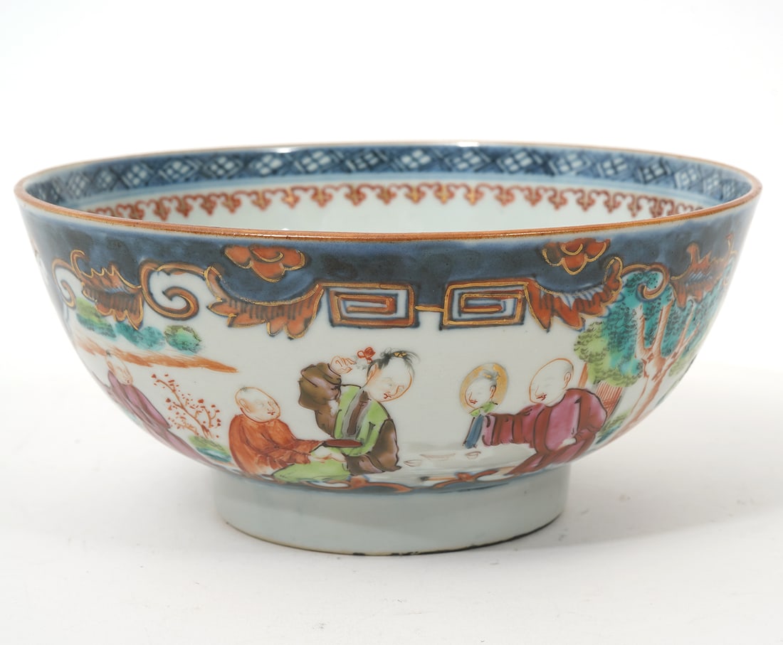 Chinese Chien Lung Porcelain Bowl: Chinese Chien Lung porcelain bowl decorated with two vignettes of figural scenes on outside, inside rim has repeating patterns. Measures 3"H x 7"W. Condition report: Good condition, common surface wea