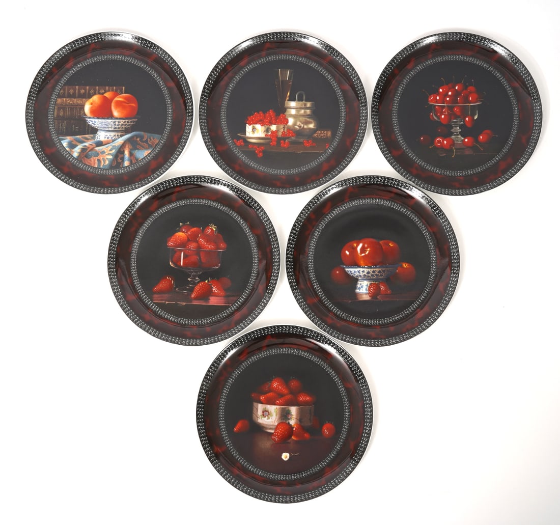 6 Pc. Limoges Porcelain Dessert Service by Chauray: Limoges porcelain dessert service for 6 by Jean-Claude Chauray for Bernardaud Limoges, all in original boxes. Measures 7.5"W, details on verso. Condition report: good condition, please see all photos.