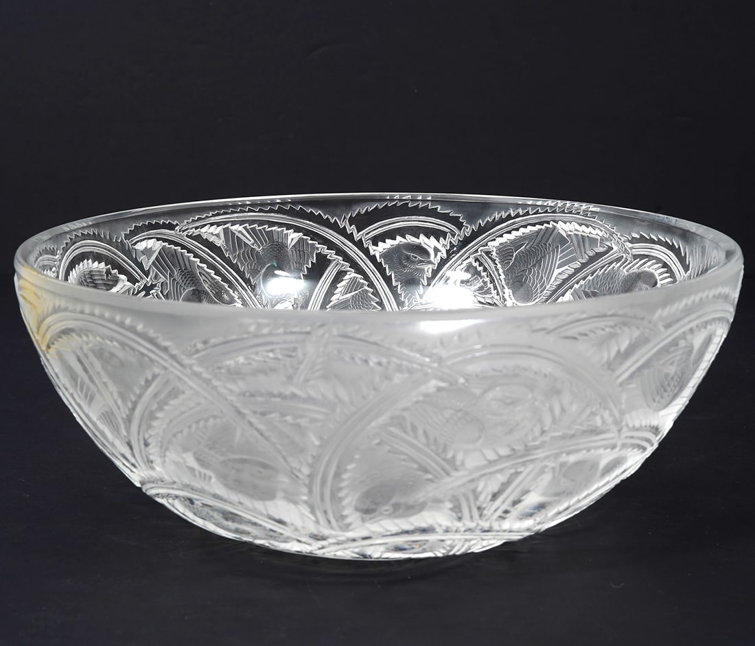 Lalique "Pinsons" Bird & Vine Motif Crystal Bowl: Lalique "Pinsons" pattern clear crystal bowl accented with finches and vines. Measures 3.5"H x 9" W. Signed underside. Condition report: Good condition, please examine all photos closely. Contact C. B