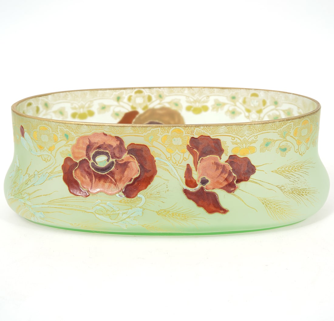 Bohemian Czech Art Glass Center Bowl: Bohemian Czech decorated art glass center bowl. Unmarked. Possibly Legras glass. 5" W x 10" L x 3.5" H. Condition report: normal wear appropriate with age. Contact C. Biddle Auction Gallery for more d