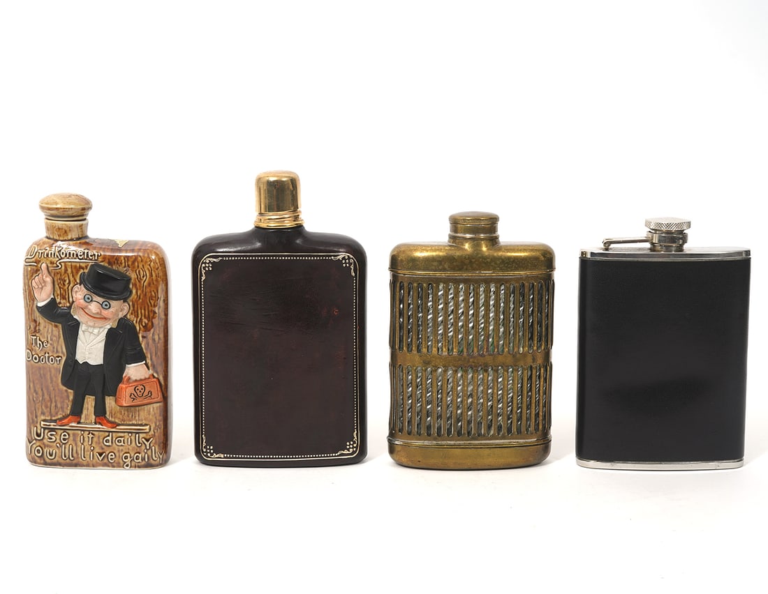 Four Assorted Vintage Flasks: Four assorted vintage flasks include German porcelain Schaffer & Vater 'Drinkometer' Flask (5.75"H x 3"W x 1.25"D; missing glass meter on back); 6 oz. leather and stainless steel flask (5.25"H x 3.5"W