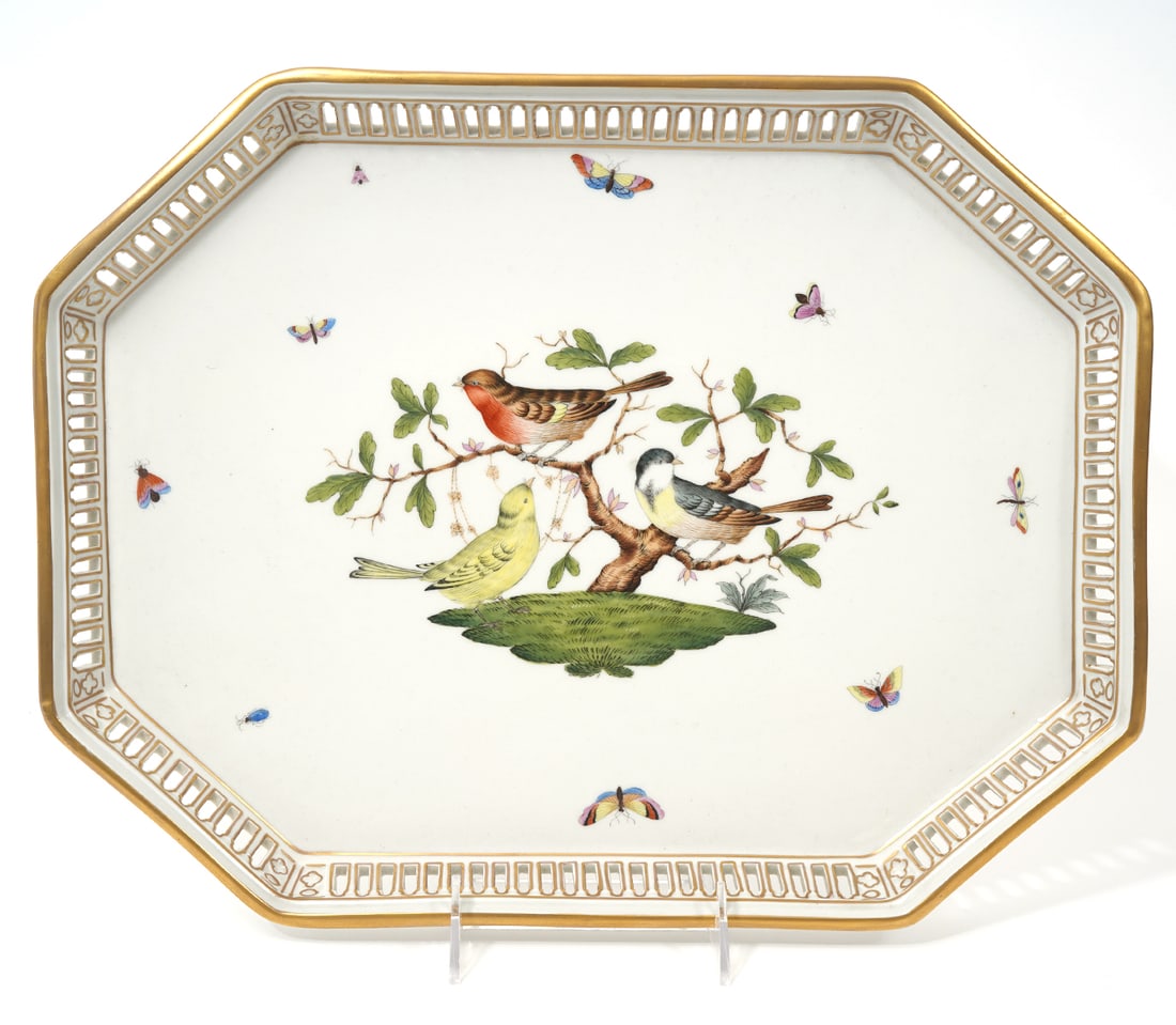 Herend 'Rothschild Bird' Pierced Octagon Tray: Herend 'Rothschild Bird' Hungarian porcelain tray features vignette of three songbirds with butterflies in periphery. Pierced sides with gilt edges. Measures 15.5"L x 12"W. Condition report: Good cond