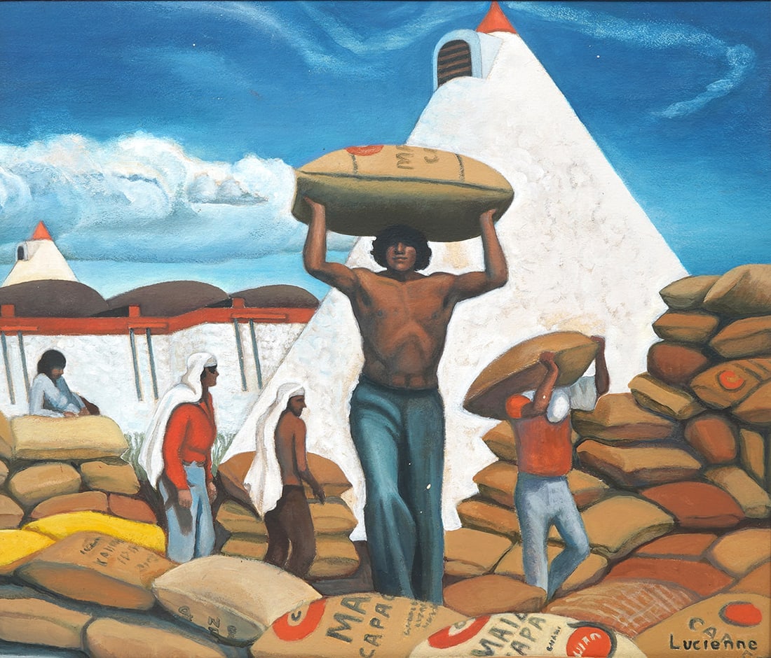 WPA-Style Painting Signed Lucienne: WPA-Style oil painting of workers carrying bags, signed Lucienne in lower left corner. Measures: Visual image 16"H x 19"W, Framed 22"H x 25"W. Condition report: Chips to frame, please examine all phot