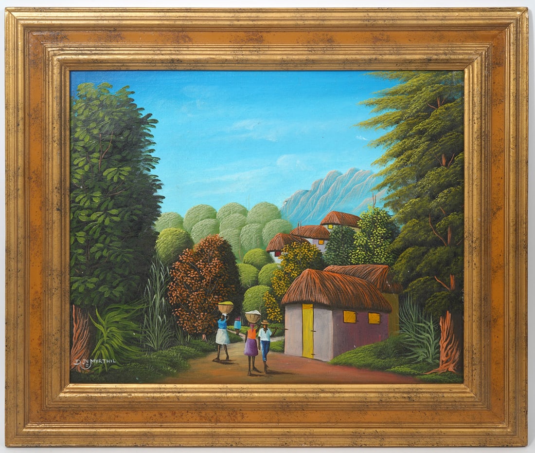 Haitian Village Landscape Scene Signed: Haitian village landscape scene oil on canvas, signed "D JN Myrthil" lower left corner. Measurements: Visual image 17.5"H x 21.5"W, Frame 25"H x 29"W. Condition report: Good condition, please examine 