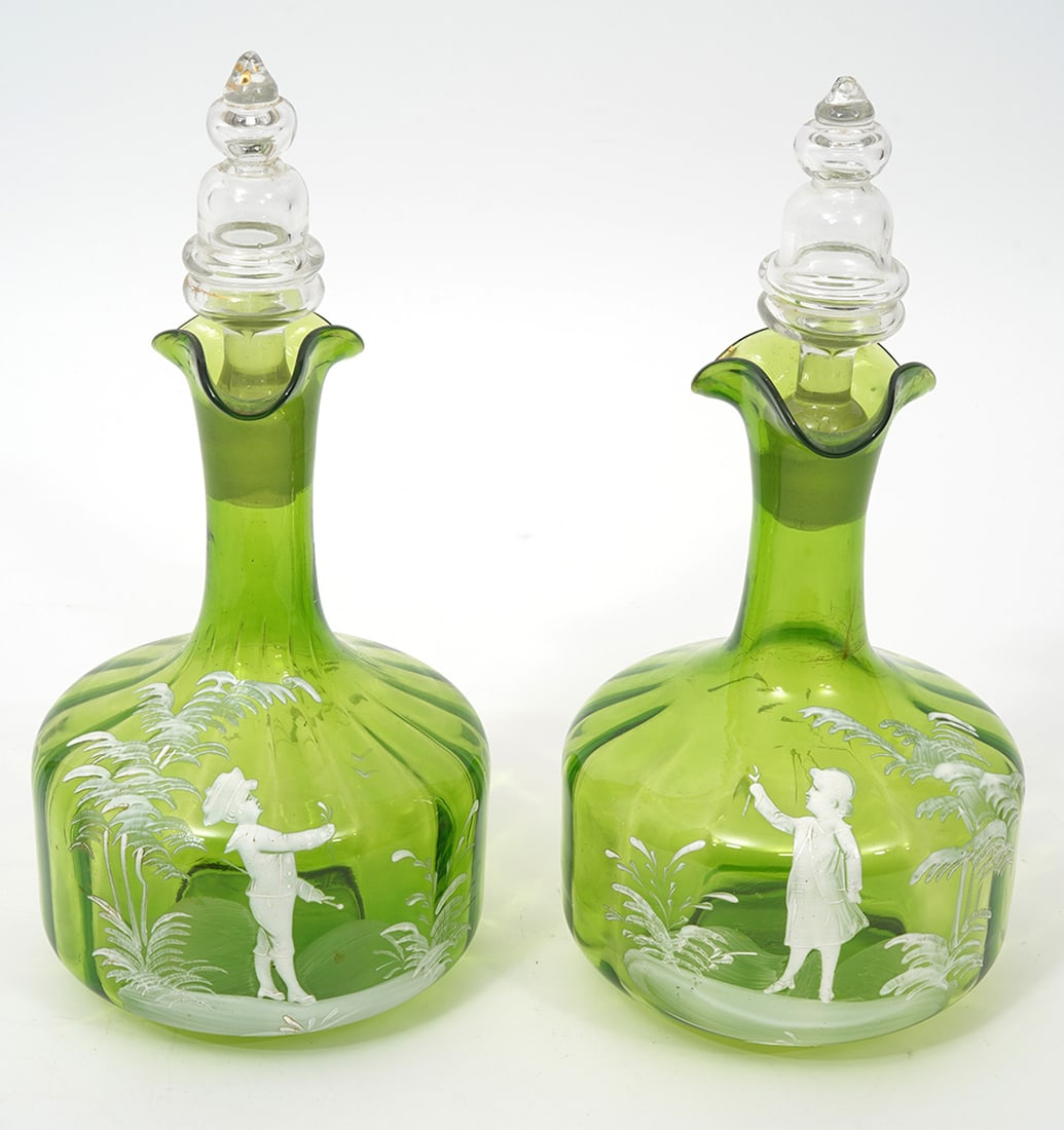 Pr. Mary Gregory Enameled Green Glass Decanters (1 of 8)