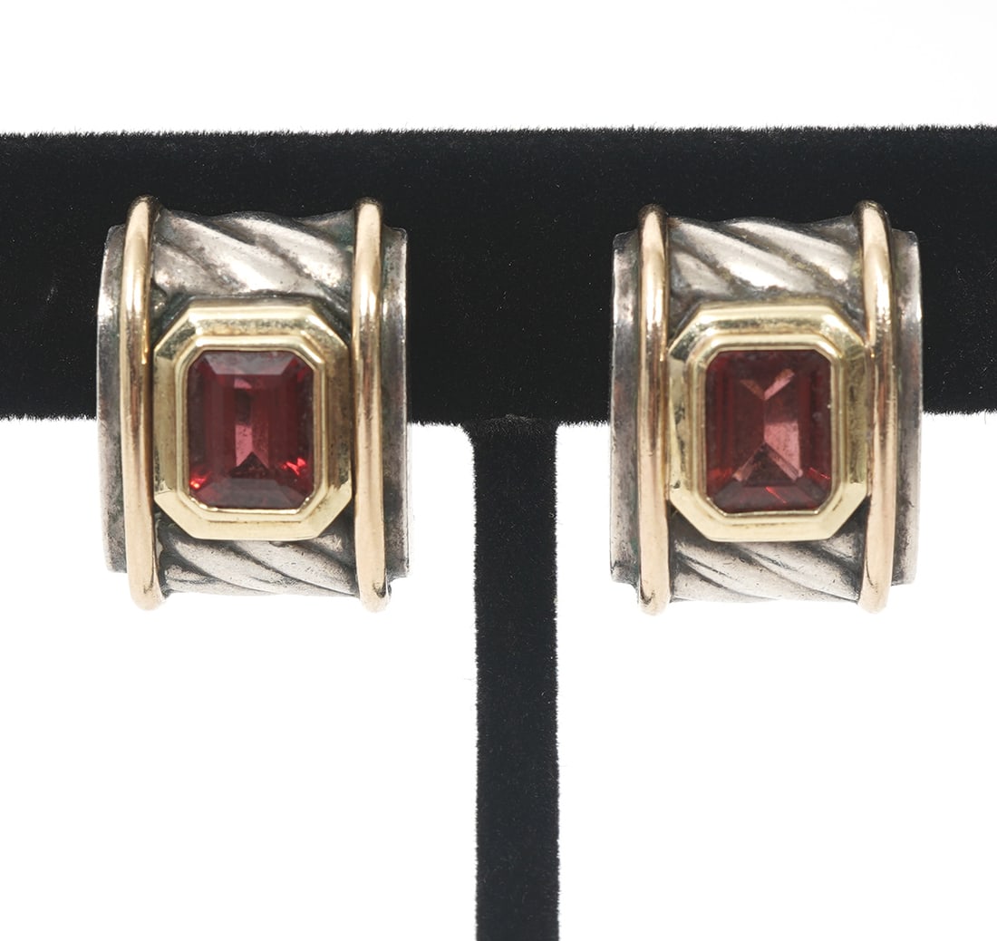 David Yurman Sterling & 14k Clip Earrings: David Yurman sterling silver & 14k clip earrings with Pink Tourmalines in center. Composed facetedPink Tourmaline in gold setting on cable textured silver with gold accents on side. Hallmarked on insi