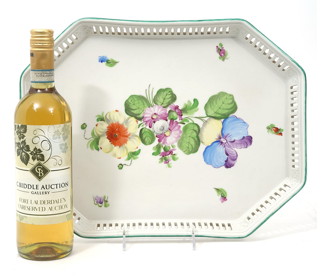 Herend Painted Floral Porcelain Tray: Herend painted floral porcelain tray, features chamfered rectangle shape and pierced border. Hallmarked underside. Measures 15.5"L x 11.5"W. Condition report: Good condition, please examine all photos