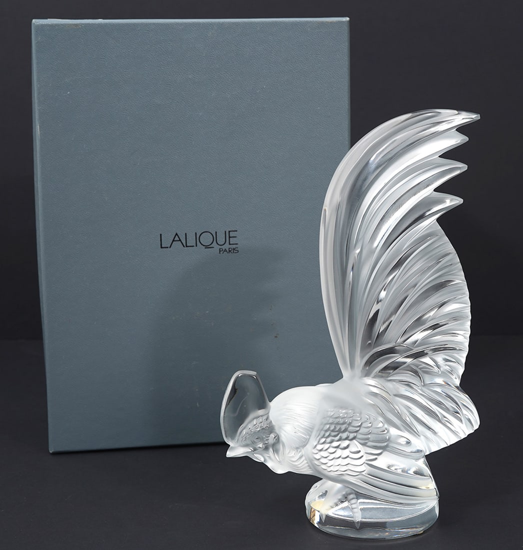 Lalique Crystal Cockerel Rooster Sculpture: Lalique crystal 'Cockerel' rooster sculpture, originally designed in 1928 by Rene Lalique, comes in original box with label on side. Measures 8"H x 5"W. Condition: good condition, please see all photo