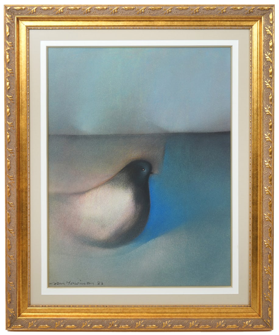 Cesar Menendez 'Paloma' Pastel on Paper: Cesar Menendez (El Salvador b.1954) 'Paloma' (Dove) pastel on paper, in gilt frame behind plexiglass and signed lower left. Measurements: Visual image - 23.5"H x 17.5"W, Frame 32"H x 26"W. Condition r