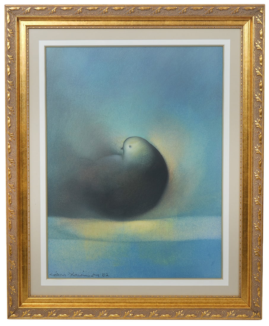 Cesar Menendez 'Paloma' Pastel on Paper: Cesar Menendez (El Salvador b.1954) 'Paloma' (Dove) pastel on paper, in gilt frame behind plexiglass. Signed lower left and dated 1987. Measurements Visual image - 23.5"H x 17.5"W, Frame 36"H x 26"W.