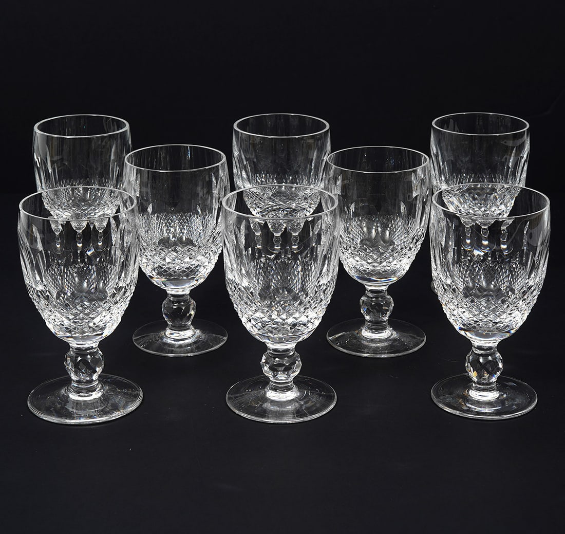 Eight Waterford "Colleen" Claret Wine Glasses: Set of eight Waterford "Colleen" short stem cut crystal claret wine glasses, measures 4.75"H. Acid-etched hallmarked underside. Condition report: Good condition, please examine all photos closely. Con