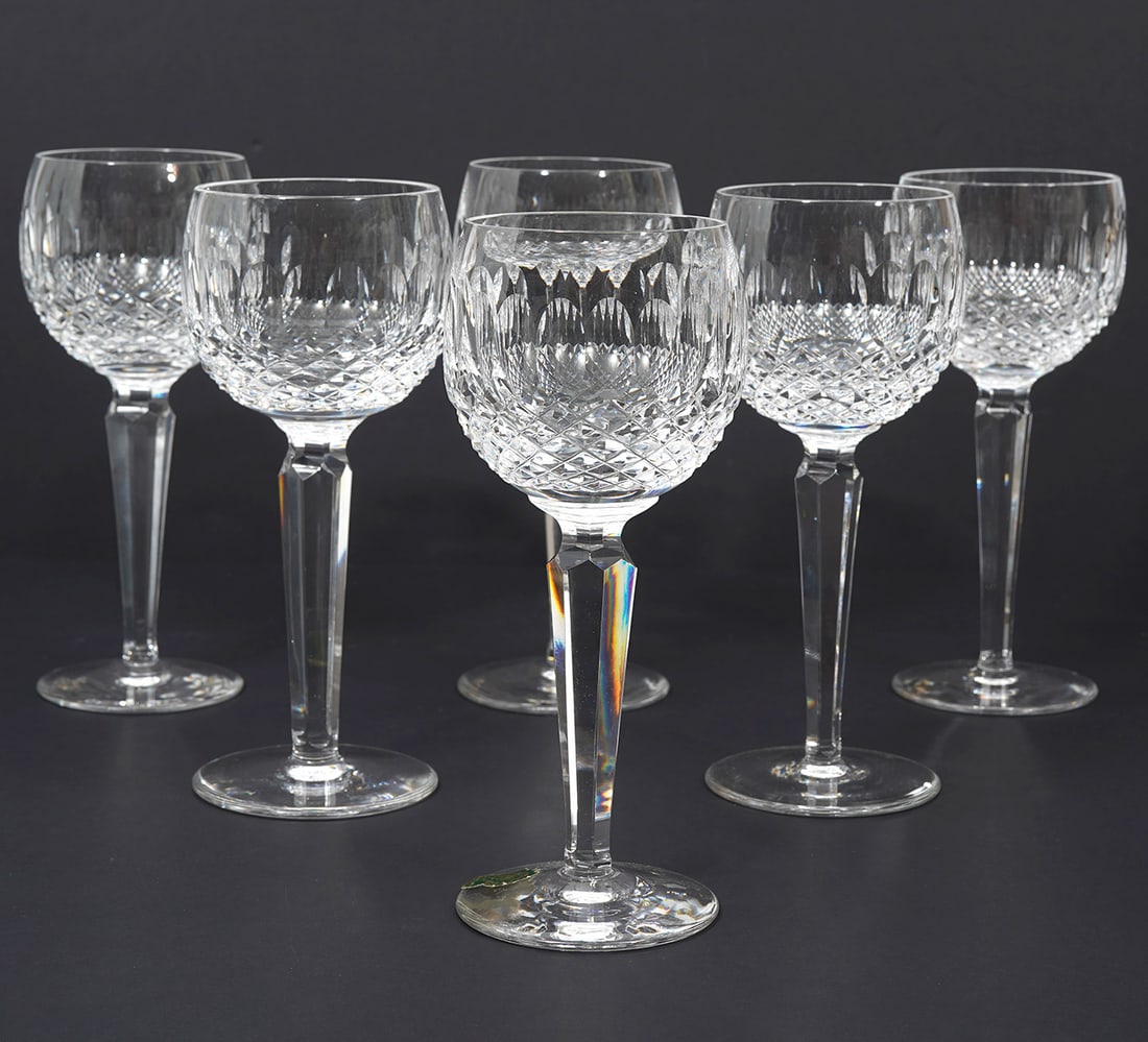 Six Waterford Crystal "Colleen" Wine Glasses: Set of six Waterford "Colleen" cut crystal hock wine glasses, measures 7.5"H. Acid-etched hallmarked underside. Condition report: Good condition, please examine all photos closely. Contact C. Biddle A