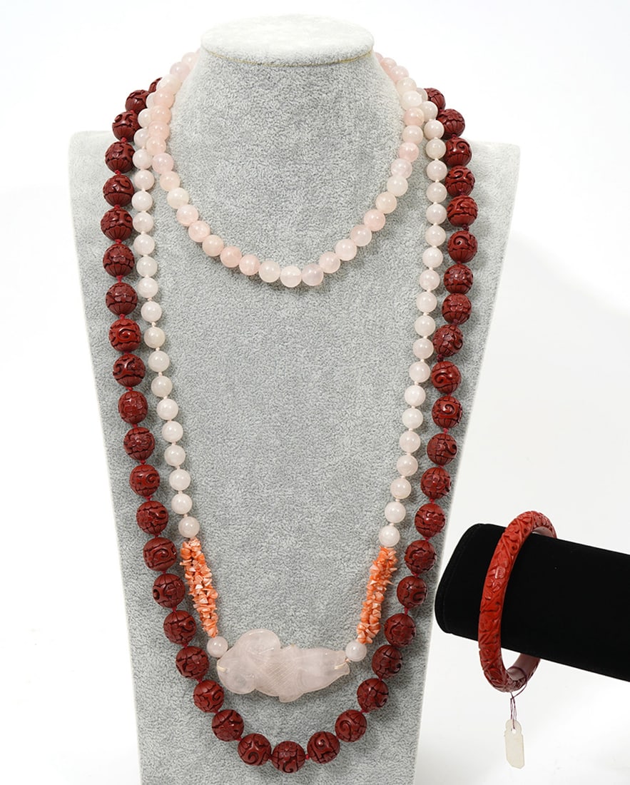 4Pc Chinese Cinnabar & Pink Quartz Jewelry (1 of 9)