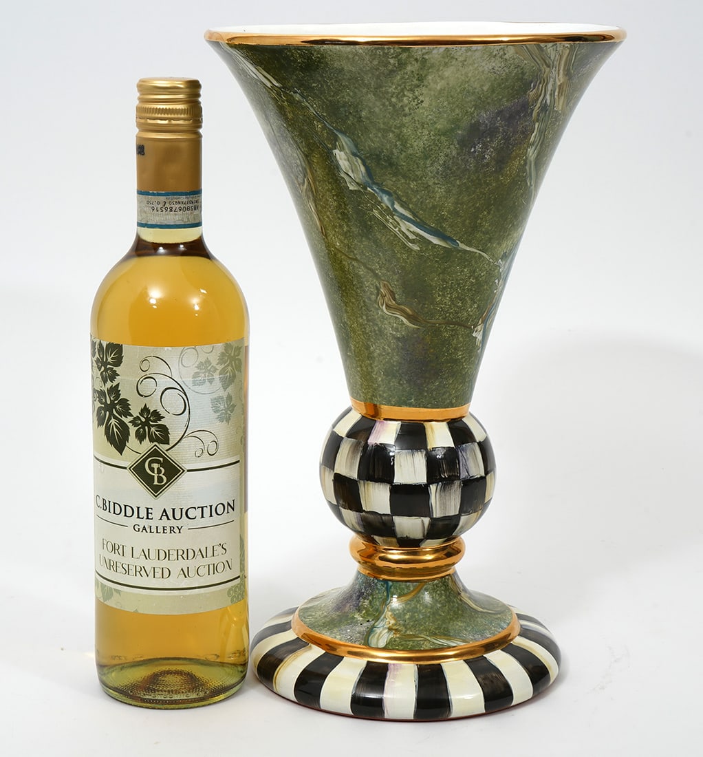 Mackenzie-Childs Cheltenham Trumpet Vase: Mackenzie-Childs 'Cheltenham' trumpet-form enamel vase, designed with faux green marble and courtly check pattern, gold luster and accented with black grosgrain ribbon. Terracotta bottom stamped and d