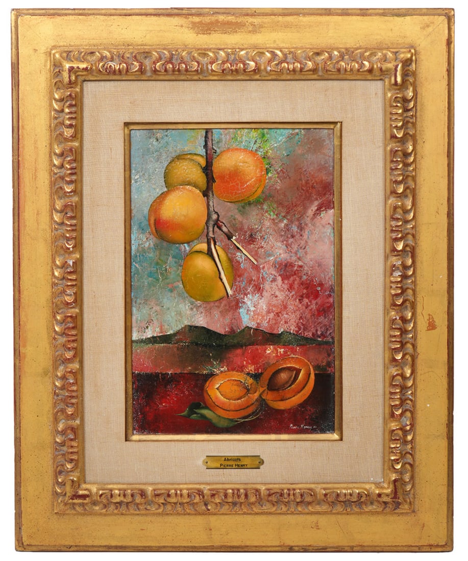 Pierre Henry Apricots Oil Painting: Pierre Henry (French 1924-2015) oil on canvas painting of apricots with mountain landscape in background. Findlay Galleries label on verso. Measurements: Canvas 13"H x 8"W, Frame 23"H x 18"W. Conditio