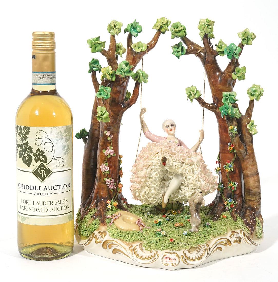 Luigi Fabris Italian Porcelain on Girl on Swing: Luigi Fabris porcelain figural group composed of a girl on a swing features detailed lace dress and applied flowers. Marked Luigi Fabris on underside. Measures 12.5"H x 10"W. Condition report: Good co