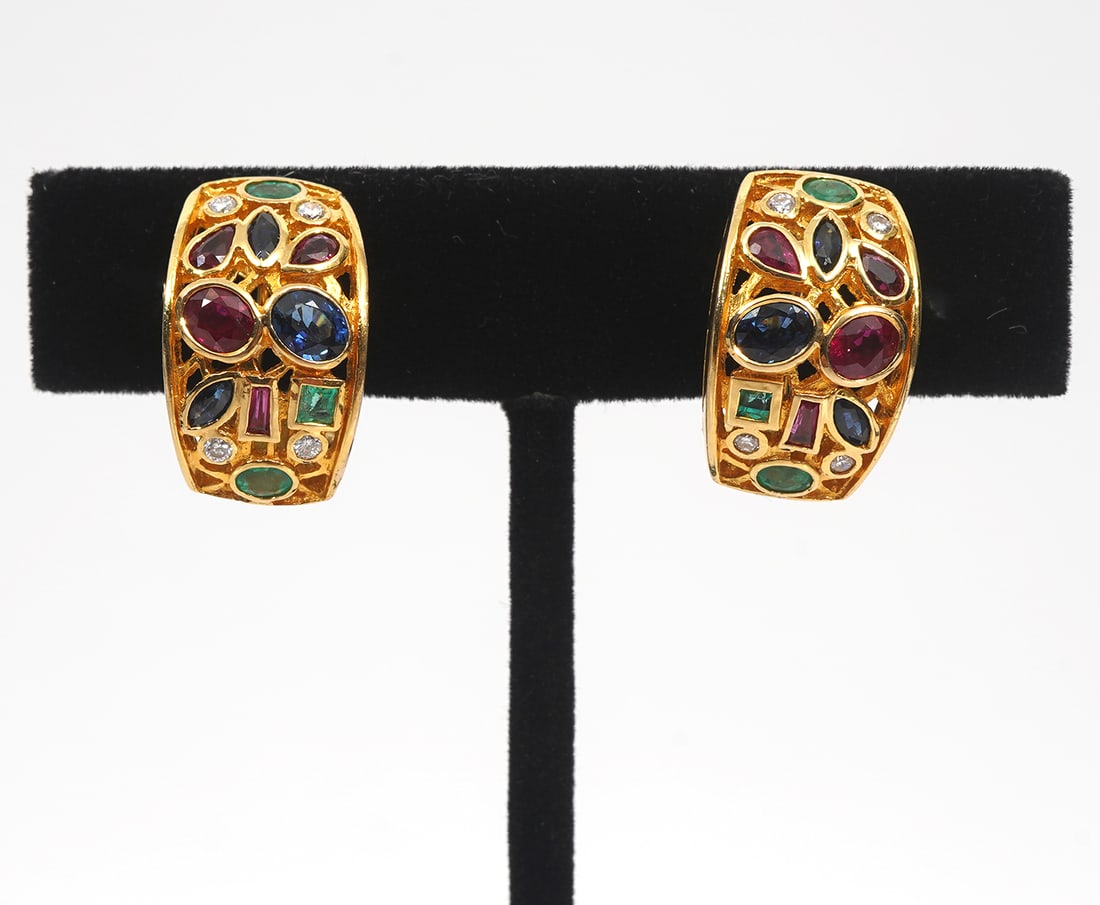 14K Yellow Gold Multi-Stone Pierced Hoop Earrings (1 of 7)