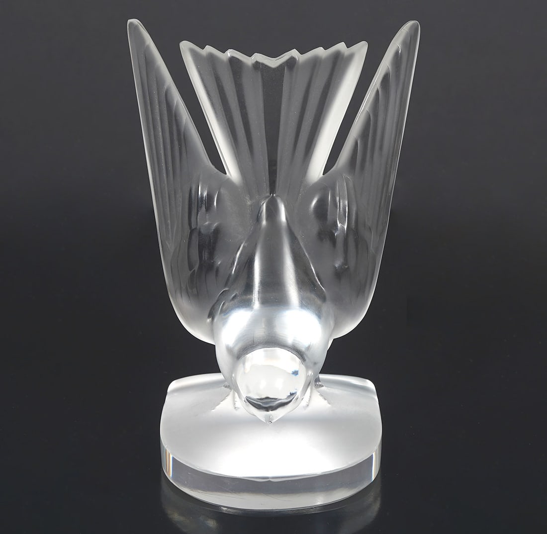 Lalique Vintage Frosted Crystal Sparrow: Lalique vintage frosted crystal sparrow, beak down & wings spread on frosted and clear base. Etched on underside 'Lalique France'. Measures 6.25"H x 4.25"W. Condition report: good condition, please se