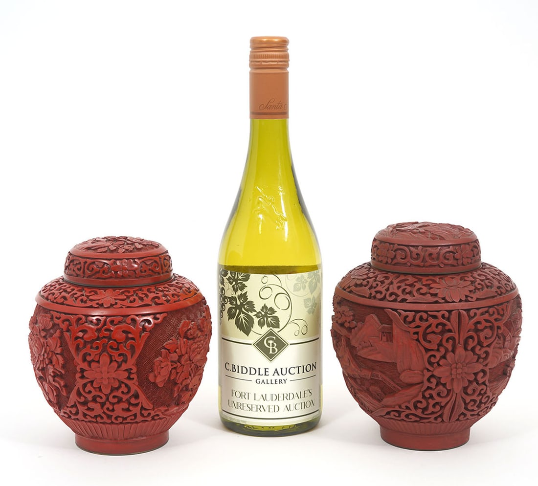 Two Chinese Carved Cinnabar Lidded Ginger Jars (1 of 13)