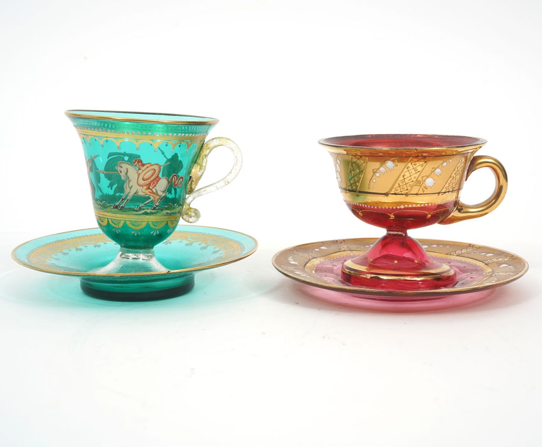 Two Bohemian Enameled Glass Cups & Saucers (1 of 6)