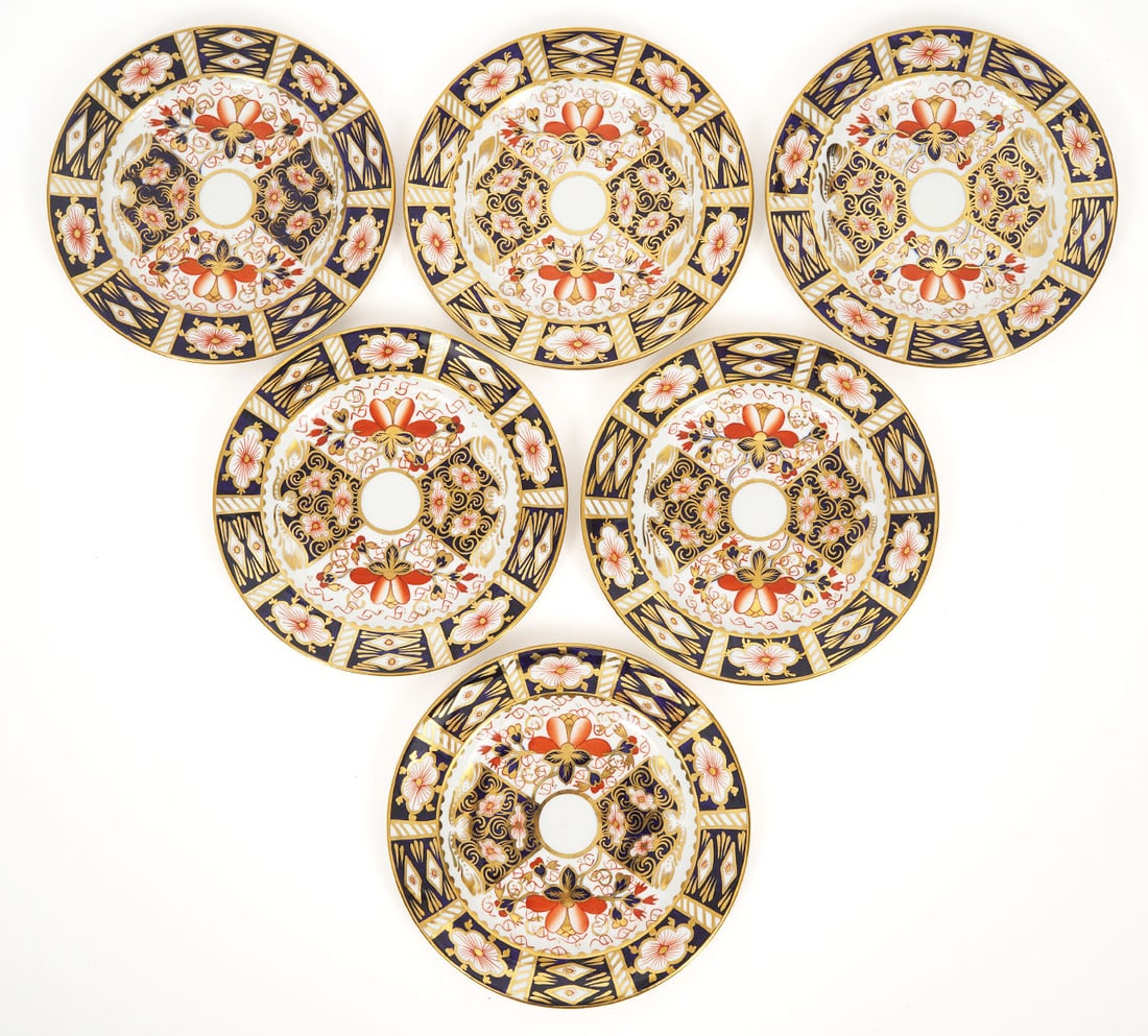 Six Royal Crown Derby Imari Bread & Butter Plates: Six Royal Crown Derby Imari bread and butter plates, 6" diameter. Hallmarked underside. Condition report: Good condition, please examine all photos closely. Contact C. Biddle Auction Gallery for more 