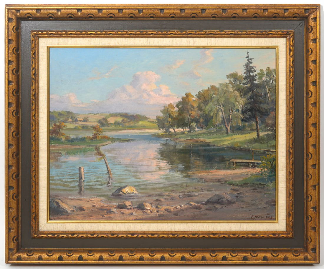 Ceslovas Janusas Landscape Scene Oil Painting: Ceslovas Janusas (Lithuanian 1907 - 1993) landscape scene oil on board, signed lower right. Measurements: Visual image 17"H x 22"W, Frame 26"H x 31"W. Condition report: Good condition, please examine