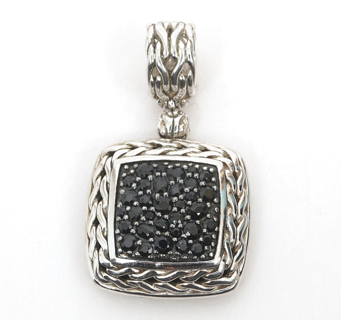 John Hardy Sterling Silver Black Sapphire Pendant: John Hardy sterling silver with black sapphires pendant, hallmarked stamped "925". Weight - 13.7g. Condition report: Good condition, please examine all photos closely. Contact C. Biddle Auction Galler