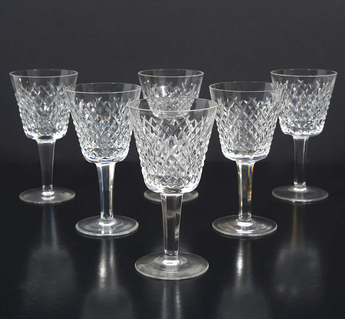 6 Waterford "Alana" Claret Wine Glasses: 6 Waterford "Alana" claret wine glasses, each measures 5.75"H. Etched signature underside. Condition report: Good condition, please examine all photos closely. Contact C. Biddle Auction Gallery for mo
