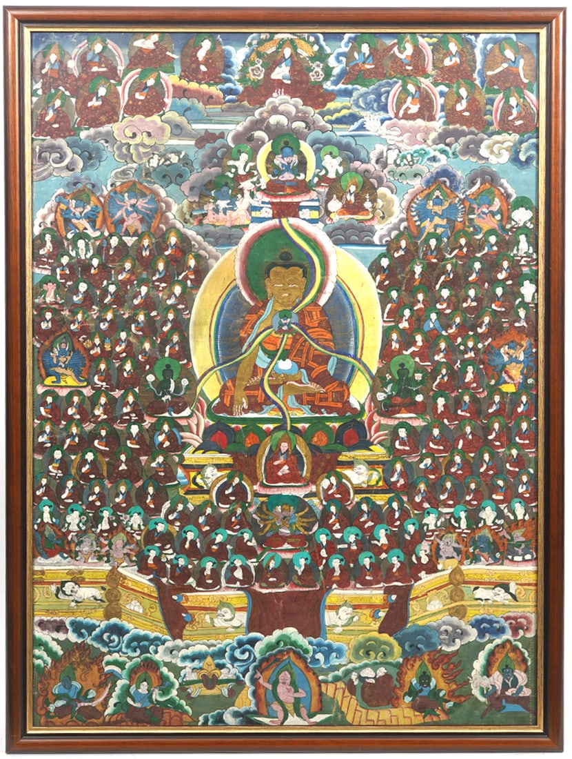 Buddhist Thangka of Deity and Monks: Buddhist Thangka of large seated deity surrounded by many monks, painted gouache on cloth. Measures 33.5"H x 24"W. Condition report: Common surface wear to paint, please examine all photos closely. Co