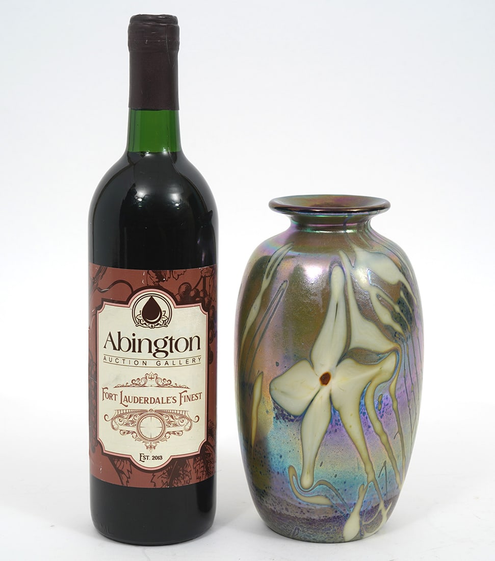 Sign/Dated Iridescent Art Glass Vase Floral Motif (1 of 8)