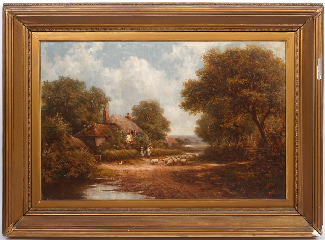 Henry Maidment Oil on Canvas Pastoral Painting: Henry Maidment (British ,1879-1934) Oil on canvas pastoral scene painting, signed lower right. Arthur James Gallery label on verso. Measures: Canvas 20"H x 30"W; Framed 29"H x 39"W. Condition report: 