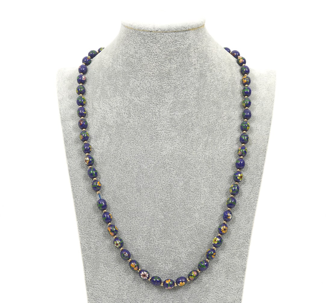 Chinese Cloisonne Beaded 14K Clasp: Chinese cloisonne beaded necklace with 14K yellow gold filigree fish hook clasp, approx 26" long. Beads aprox 10mm. Condition report: Good condition, please examine all photos closely. Contact C. Bidd