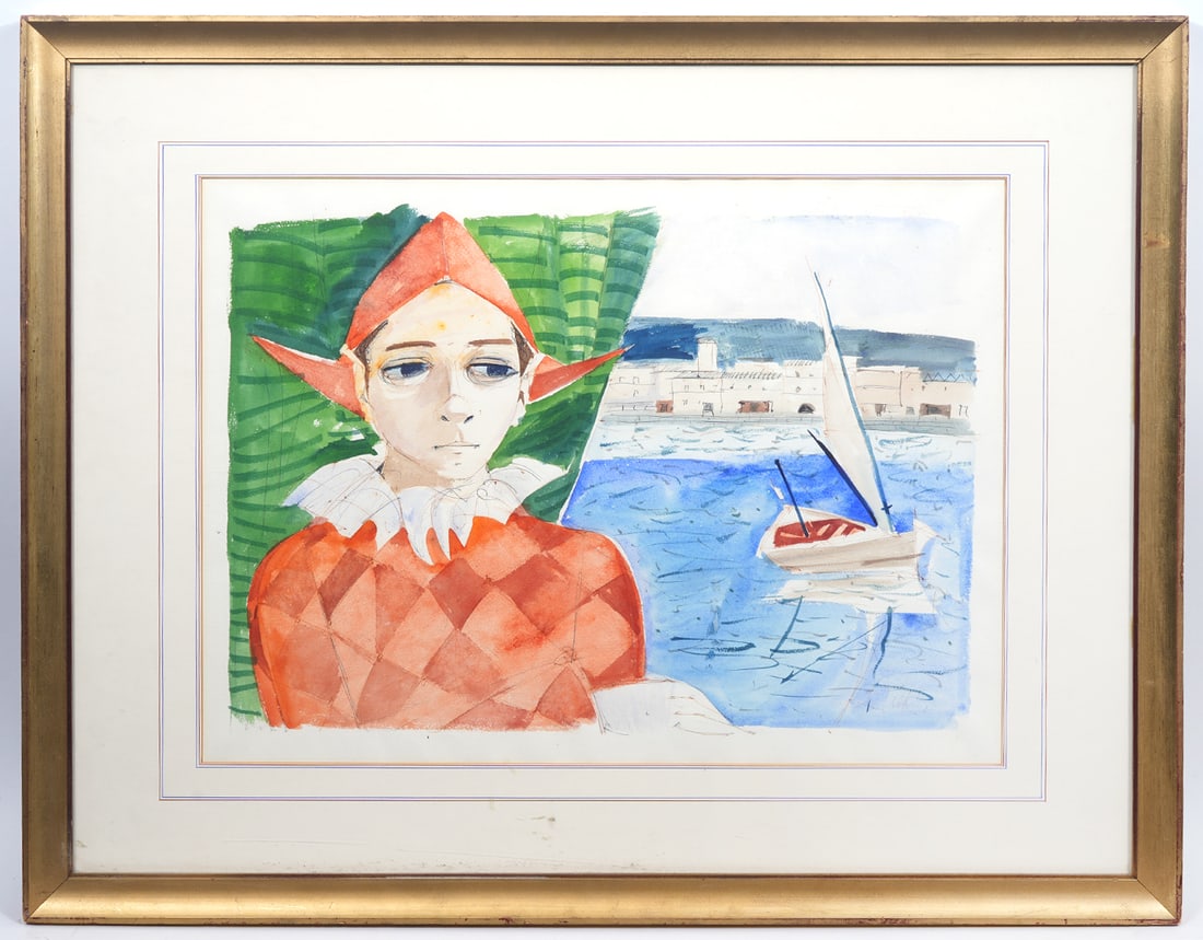 Charles Levier Watercolor on Paper Painting: Charles Levier (American/French, 1920-2003), harlequin and sailboat, watercolor on paper painting framed behind plexiglass. Measures: Visual image 17"H x 23"W; Framed 26"H x 33"W. Condition report: ni