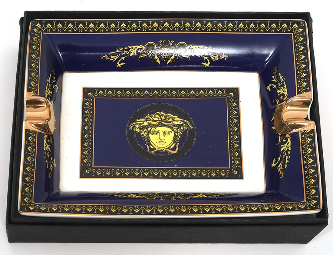 Hermes Medusa Blue Porcelain Cigar Ashtray: Hermes Paris 'Medusa Blue' porcelain cigar ashtray, rectangular with two fingers. Includes original box. Measures 8"L x 6.75"W. Condition report: Good condition, please examine all photos closely. Con