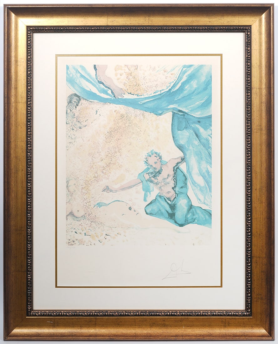 After Dali "Garden of Eden" Framed Litho: After Salvador Dali (Spanish, b.1904-1989) "Garden of Eden" lithograph. Measures: Visual image - 22"H x 17"W;, Framed - 40"H x 32"W. Condition report: Good condition, please examine all photos closely