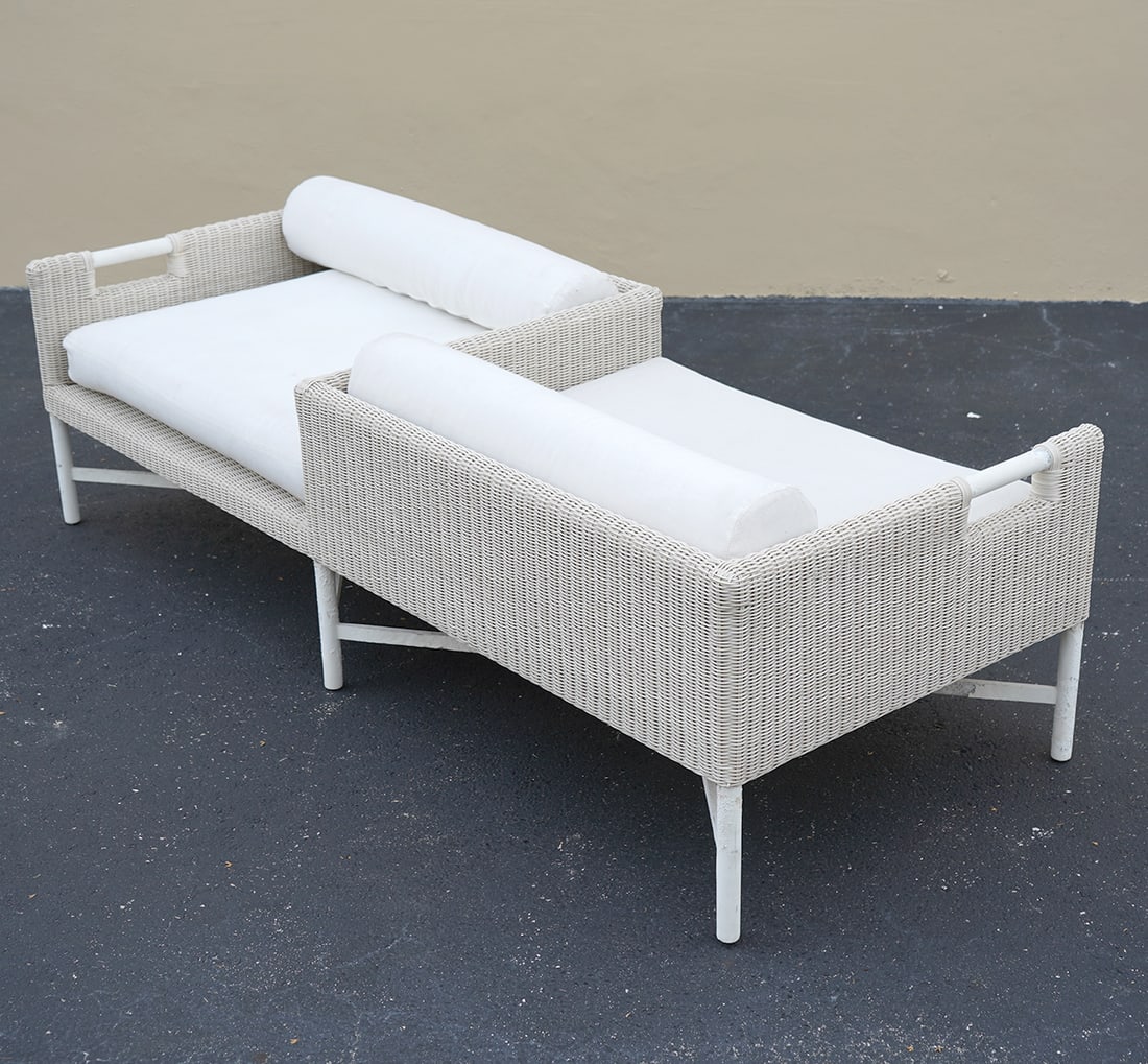 Thomas Pheasant for McGuire Outdoor Tete-a-Tete: Thomas Pheasant for Baker/McGuire, outdoor tete-a-tete chairs (78"L x 31"W x 32"H). Composed of metal and resin. Condition report: Wear commensurate with use and weather exposure, please examine all p