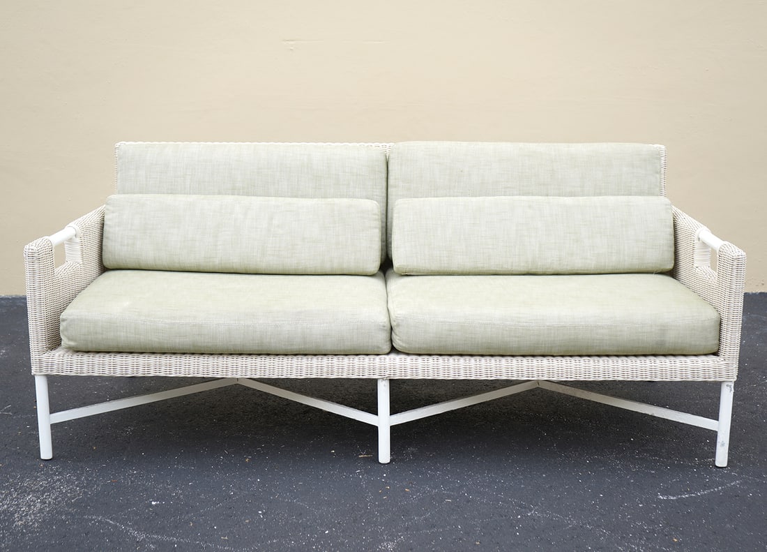 Thomas Pheasant for McGuire Outdoor Sofa: Thomas Pheasant for Baker/McGuire, outdoor sofa (75"W x 34"D x 30"H). Composed of metal and resin. Condition report: Wear commensurate with use and weather exposure, please examine all photos closely.