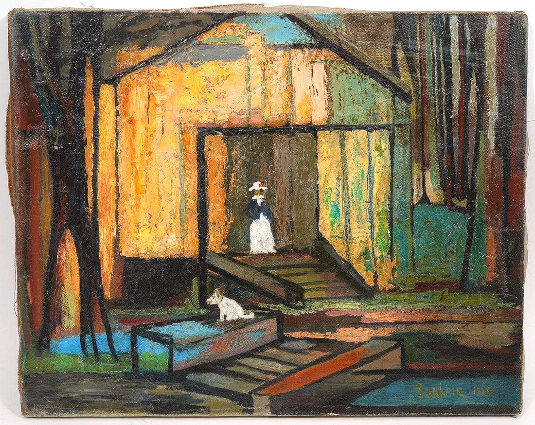 David Burliuk Oil On Canvas Woman & Dog Scene (1 of 5)