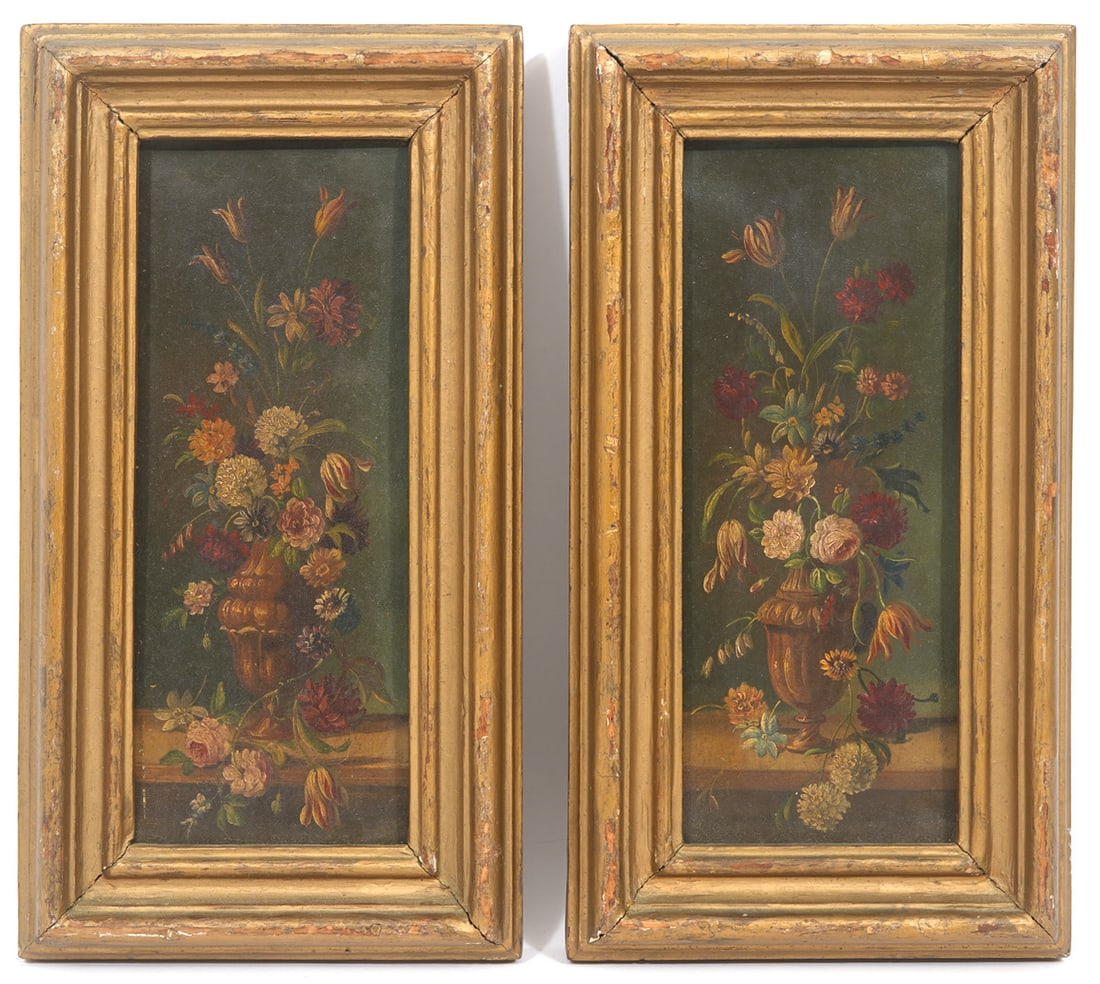 Pair of Still Life Oil on Board Paintings: Pair of still life oil on board paintings, measures board 11"H x 5"W, frame 13"H x 7"W. Condition report: Chips to frame throughout, please examine all photos closely. Contact C. Biddle Auction Galler