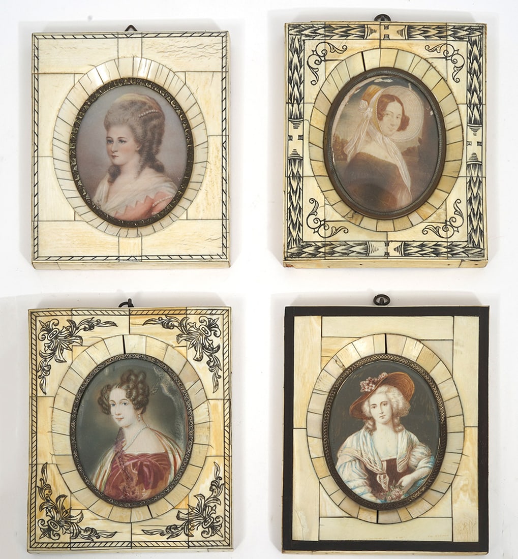 Four Bone Frame Hand-Painted Portraits: Four bone framed hand-painted oval portraits. Frames have fitted bone pieces, some with engraved details. Each measures approx. 5.5"H x 4.5"W. Condition report: Common wear for age and use, some minor