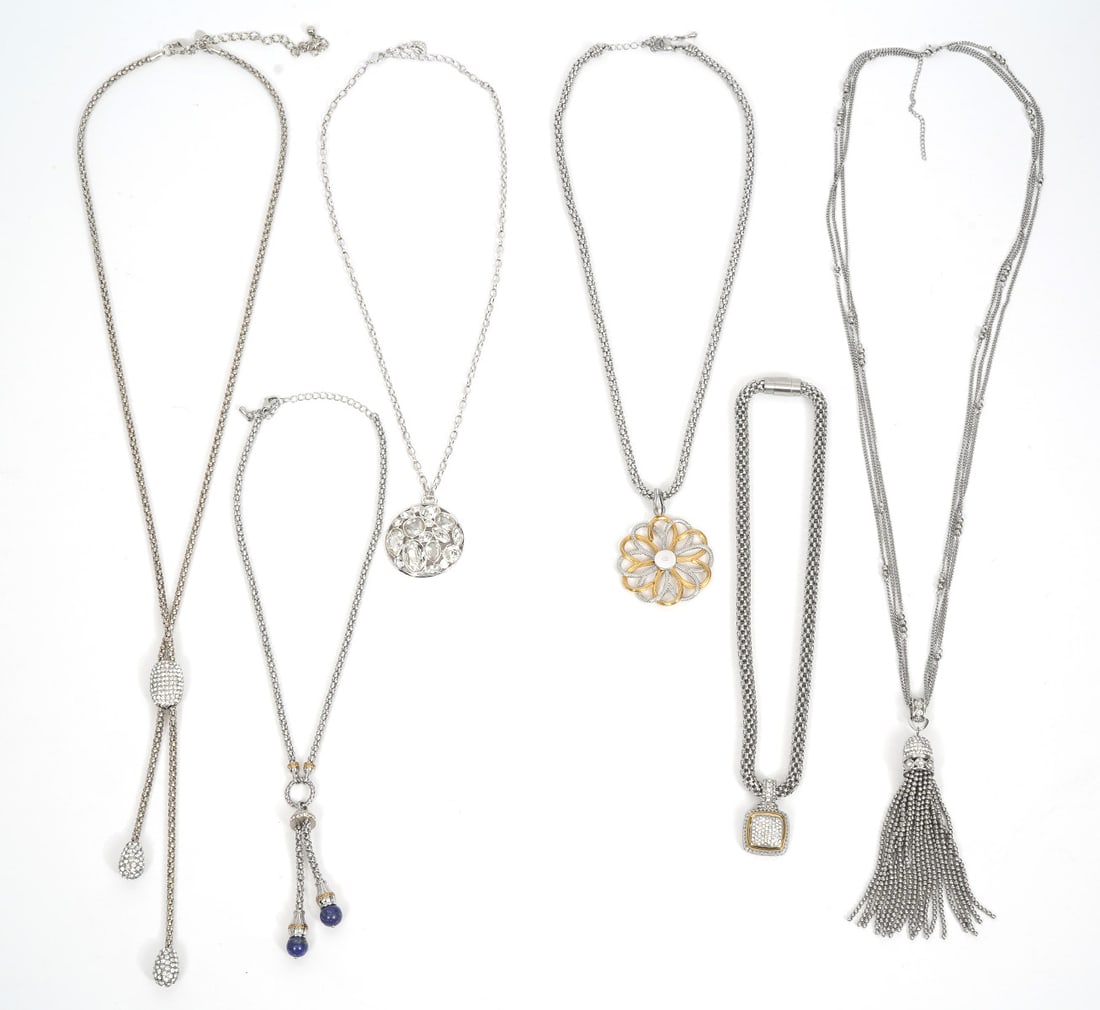 6 Contemporary Costume Jewelry Necklaces: 6 costume jewelry necklaces, mixed styles and lengths 17" to 30". Condition report: Good condition, please see all photos. Contact C. Biddle Auction Gallery for more detailed information. C. Biddle Au