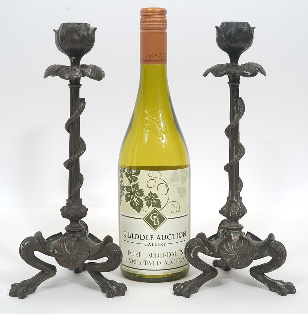 Pair of Bronze Candlesticks w/ Lilies & Snakes (1 of 9)