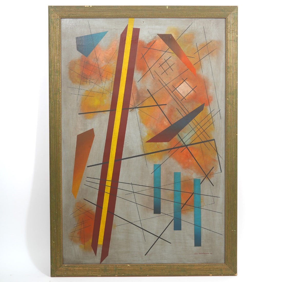 John Sennhauser Modernist Oil on Canvas: John Sennhauser (Swiss/American, 1907-1978) untitled modernist oil on canvas painting signed lower left. Measurements: Visual image - 35.5"H x 23"W, Frame - 39"H x 27"W. Condition report: Minor chips