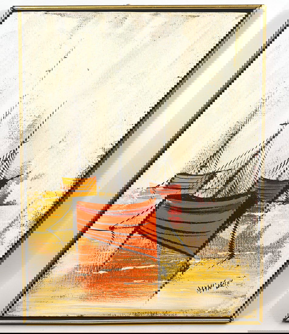 Mid-Century Harbor Scene Painting Signed (1 of 5)