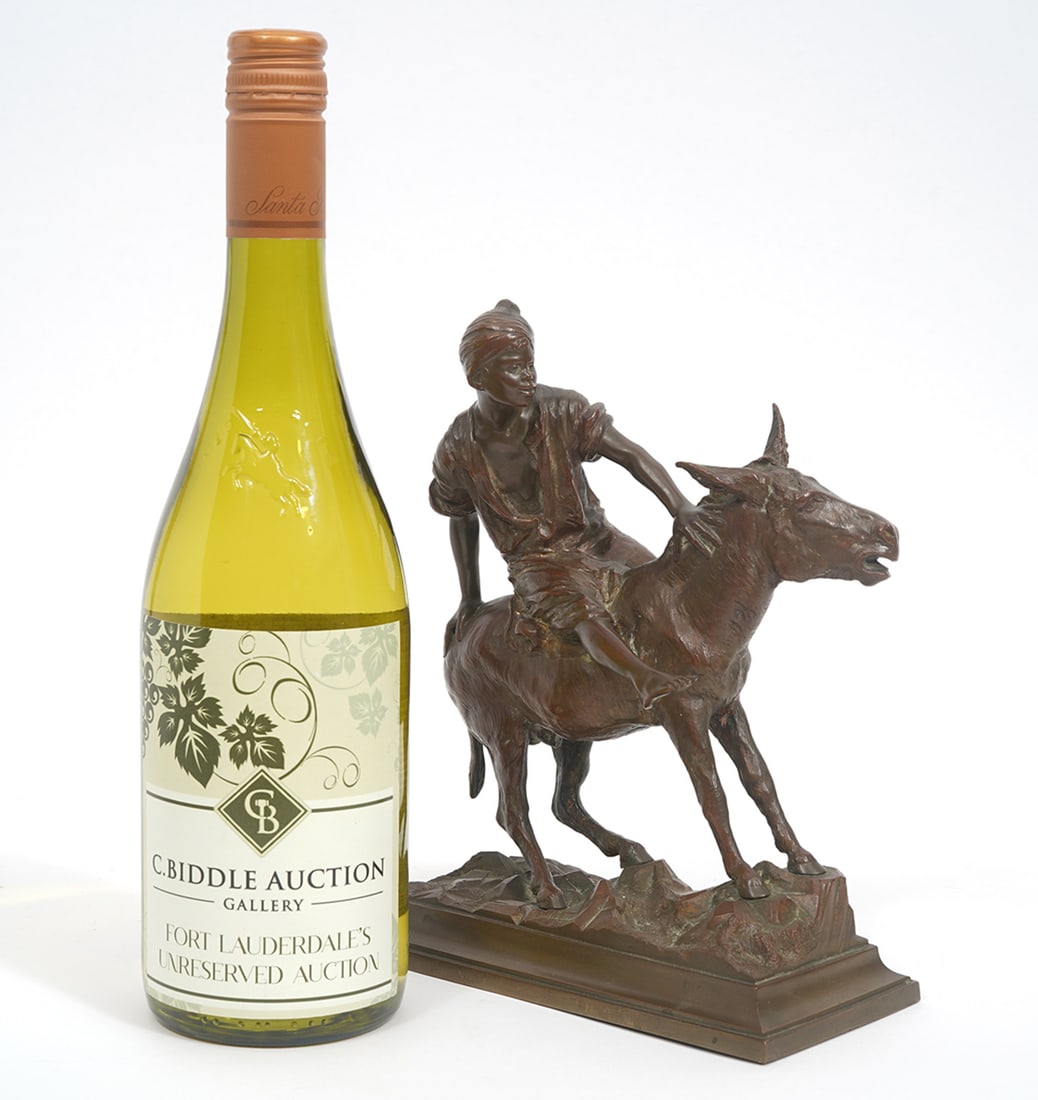 Bronze After Paul Aichele Arabian Boy on Donkey: After Paul Aichele (1859-1910) "Arabian Boy on Donkey" bronze signed at base. 6.75"L x 4"W x 9"H. Condition report: Good condition, please see all photos. Contact C. Biddle Auction Gallery for more de
