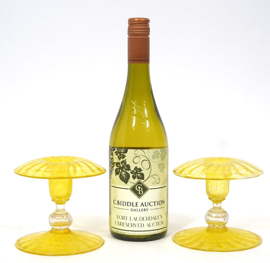 3 Venetian Vaseline Glass Candlesticks (1 of 6)