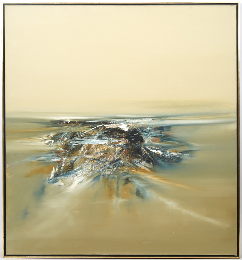 Kit Barker "Penclegyr" Oil on Canvas Painting: Kit Barker (British 1916-1988) "Penclegyr" oil on canvas painting. Signed and titled on verso. Measures 44.5"H x 41"W. Condition report: Lower right has tear (approx 1.5"L) to canvas, please see all p